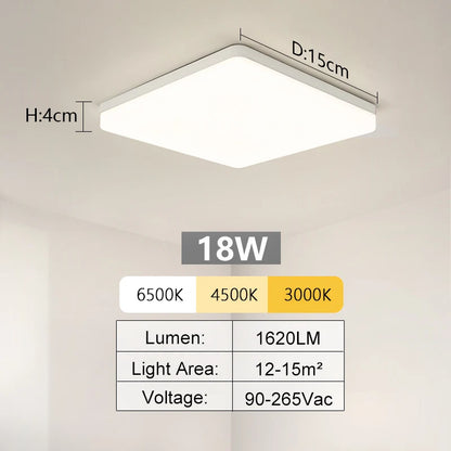 Plafonnier LED Carré MARPOU – 18W à 48W, 3 Couleurs, Éclairage 360° pour Salle de Bain, Cuisine ou Chambre